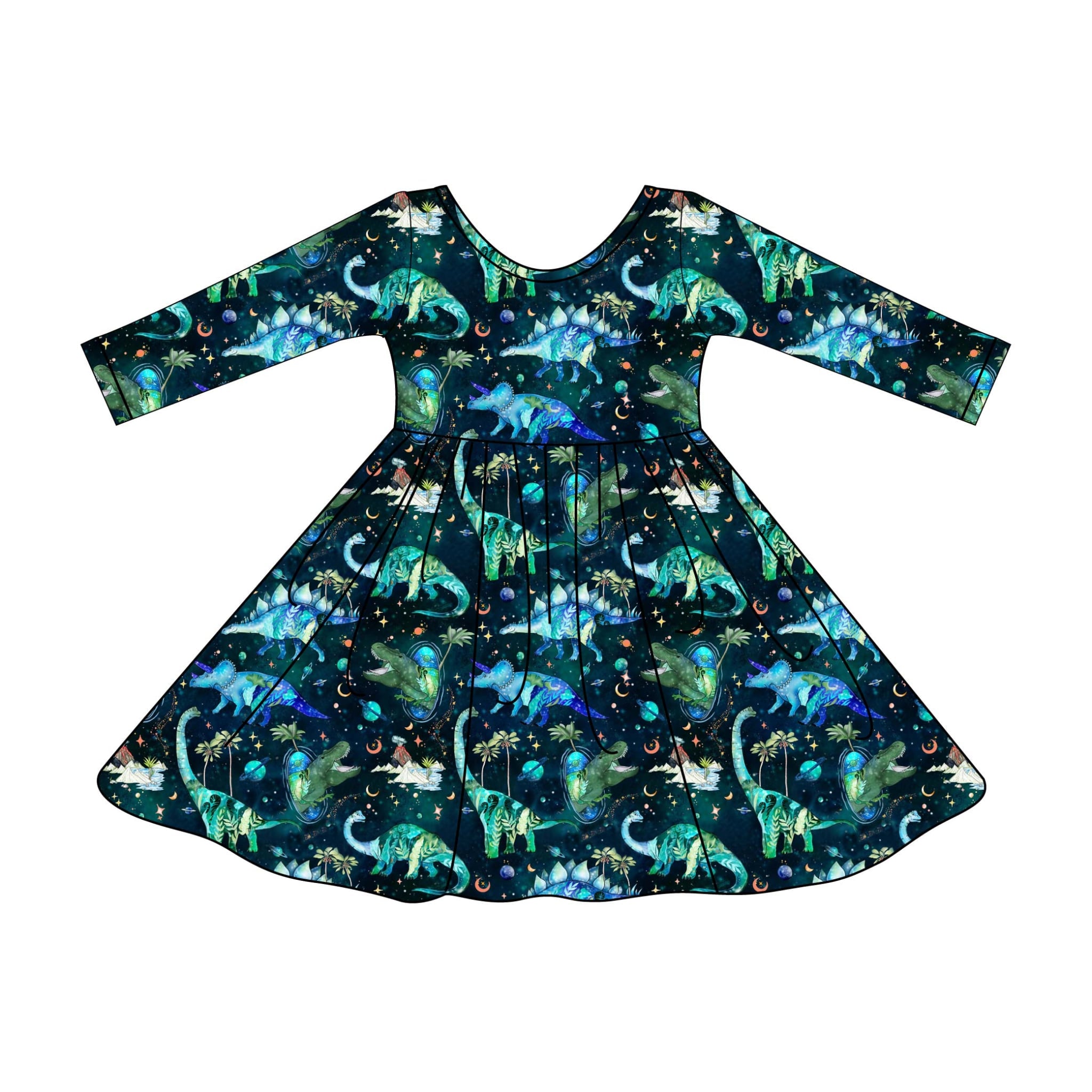 Space Dinos - Long Sleeve Twirl Dress
