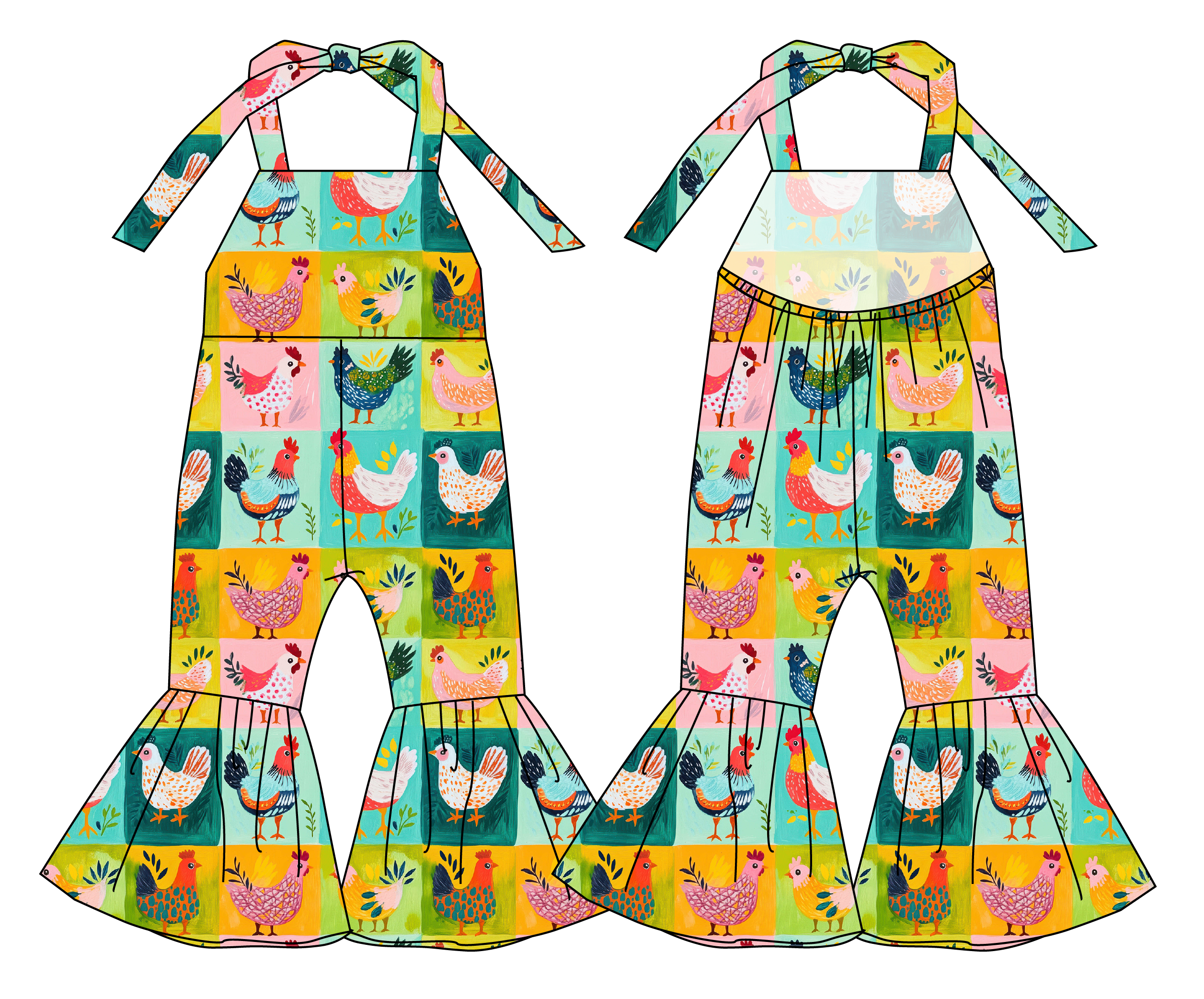 Grannys Chickens - Tie-Back Romper with Flare Bottoms