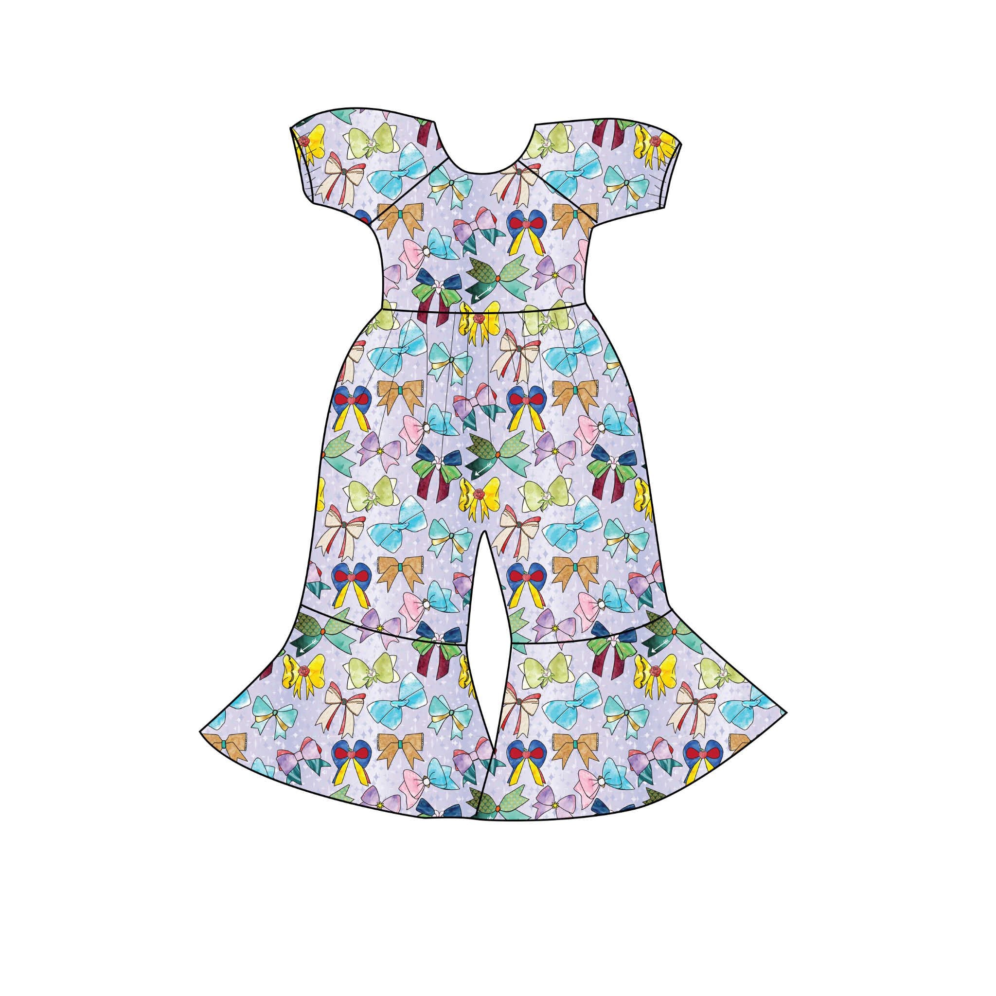 Royal Ribbons - Short Sleeve Romper with Flare Bottoms