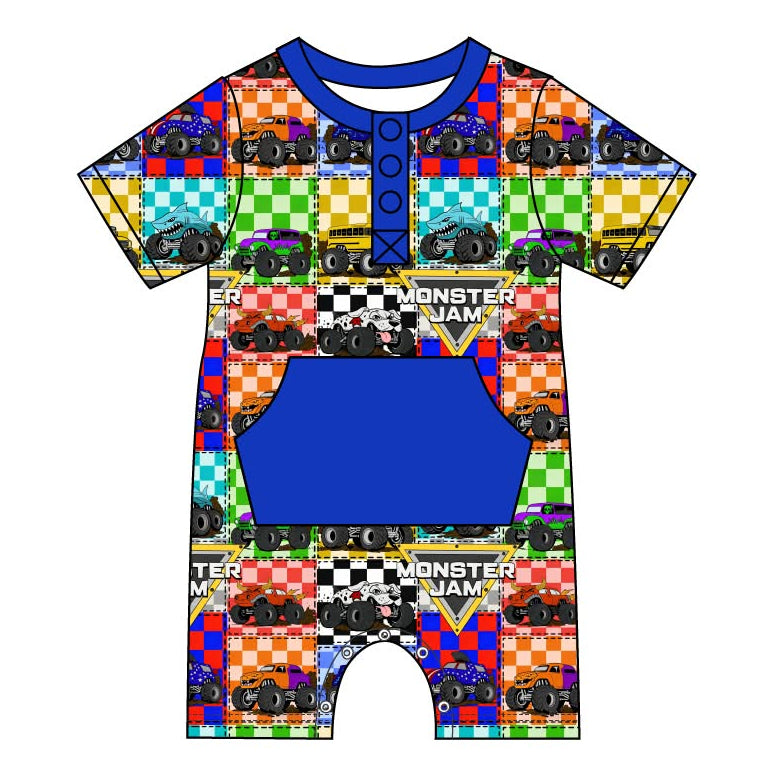 Monster Truck Jam (Blue) - Kangaroo Pocket Romper