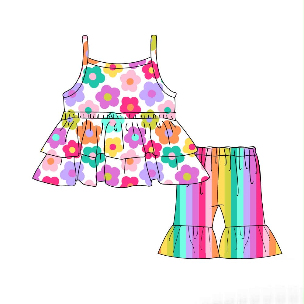 Frolicky Flowers - Spaghetti Strap Peplum Top with Capri Flares