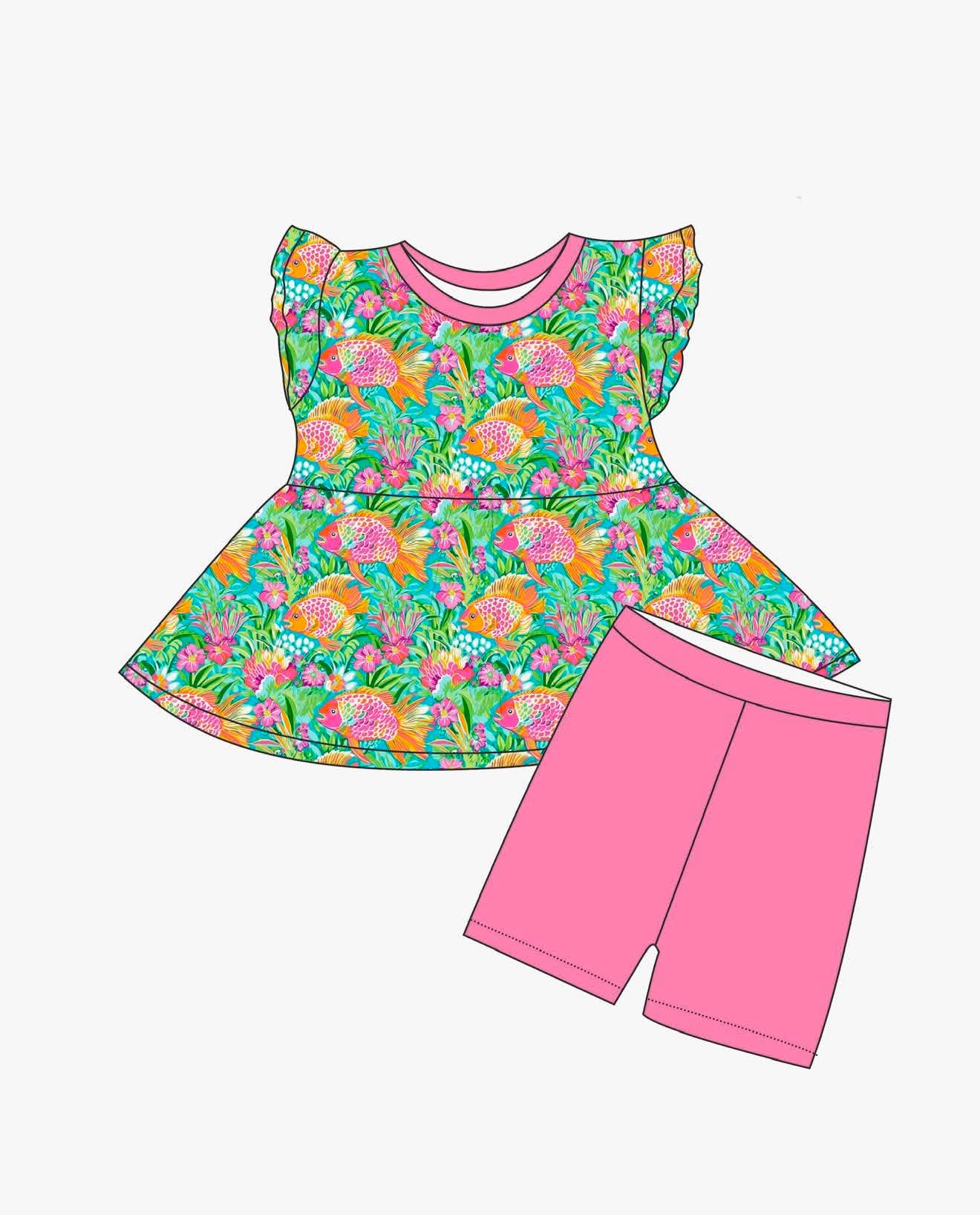 Paradise Reef - Short Sleeve Peplum Top with Shorts