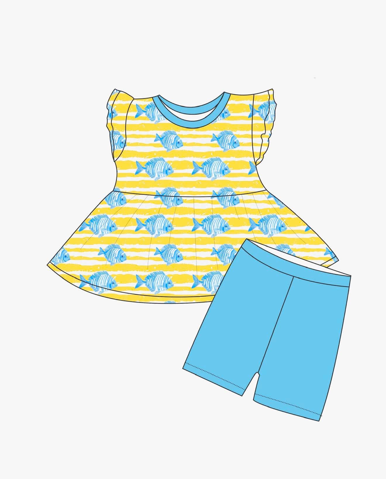 Fishy Fishy - Short Sleeve Peplum Top with Shorts