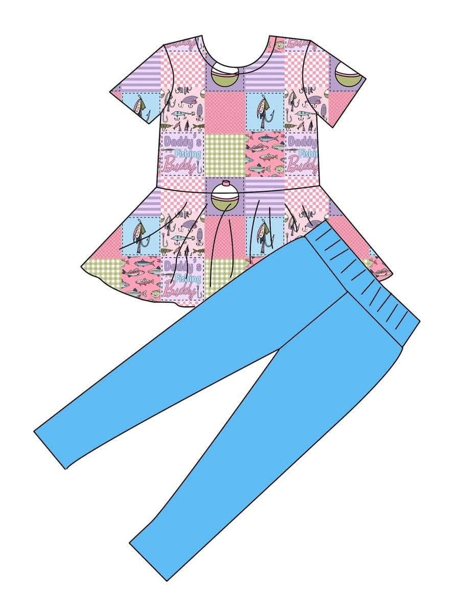 Daddy's Fishing Girl - Short Sleeve Peplum Top and Leggings Daywear Set