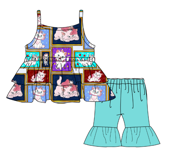 Sassy Cat - Spaghetti Strap Peplum Top with Capri Flares