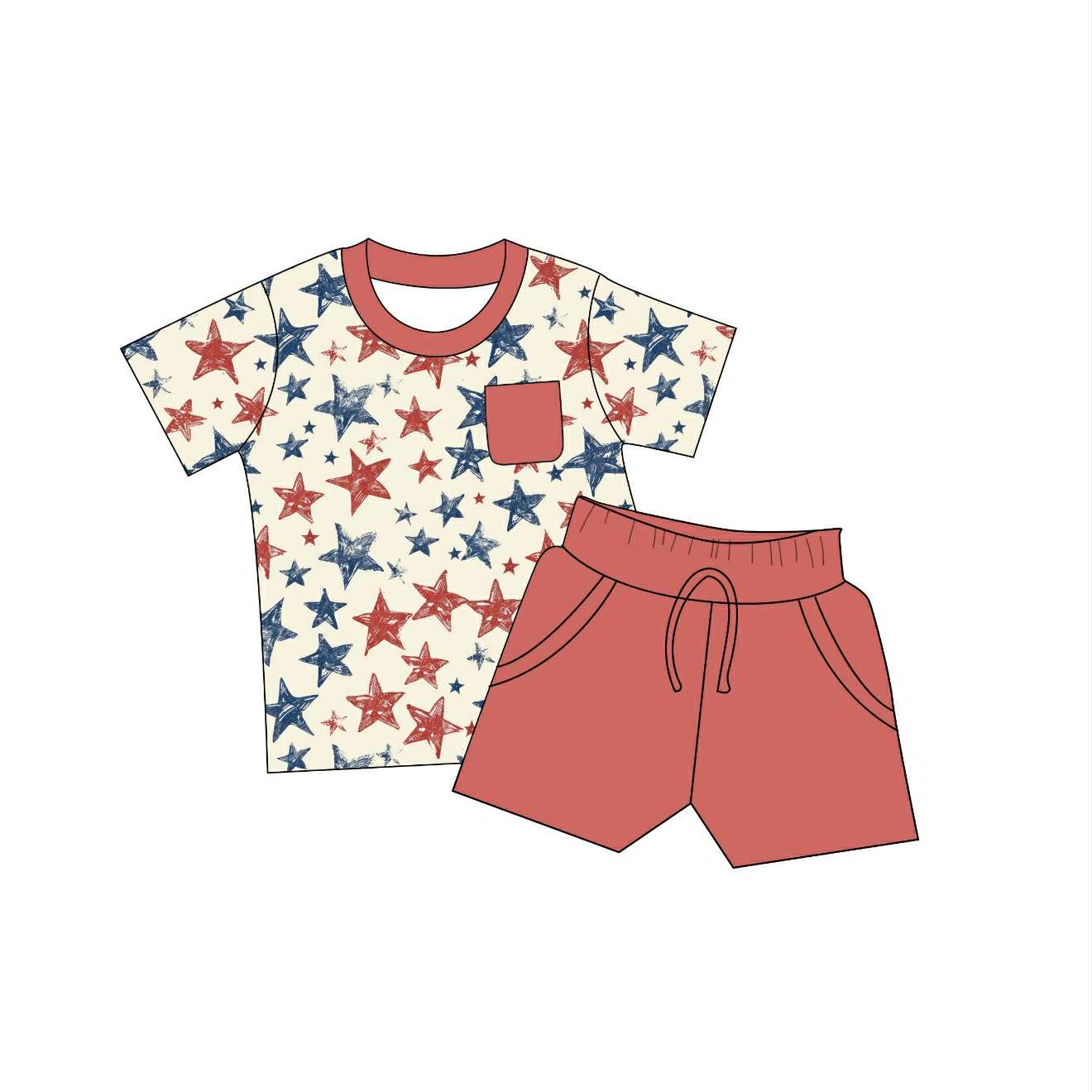 Patriotic Stars - 2 Piece Set Short Sleeve Pocket Tee and Shorts