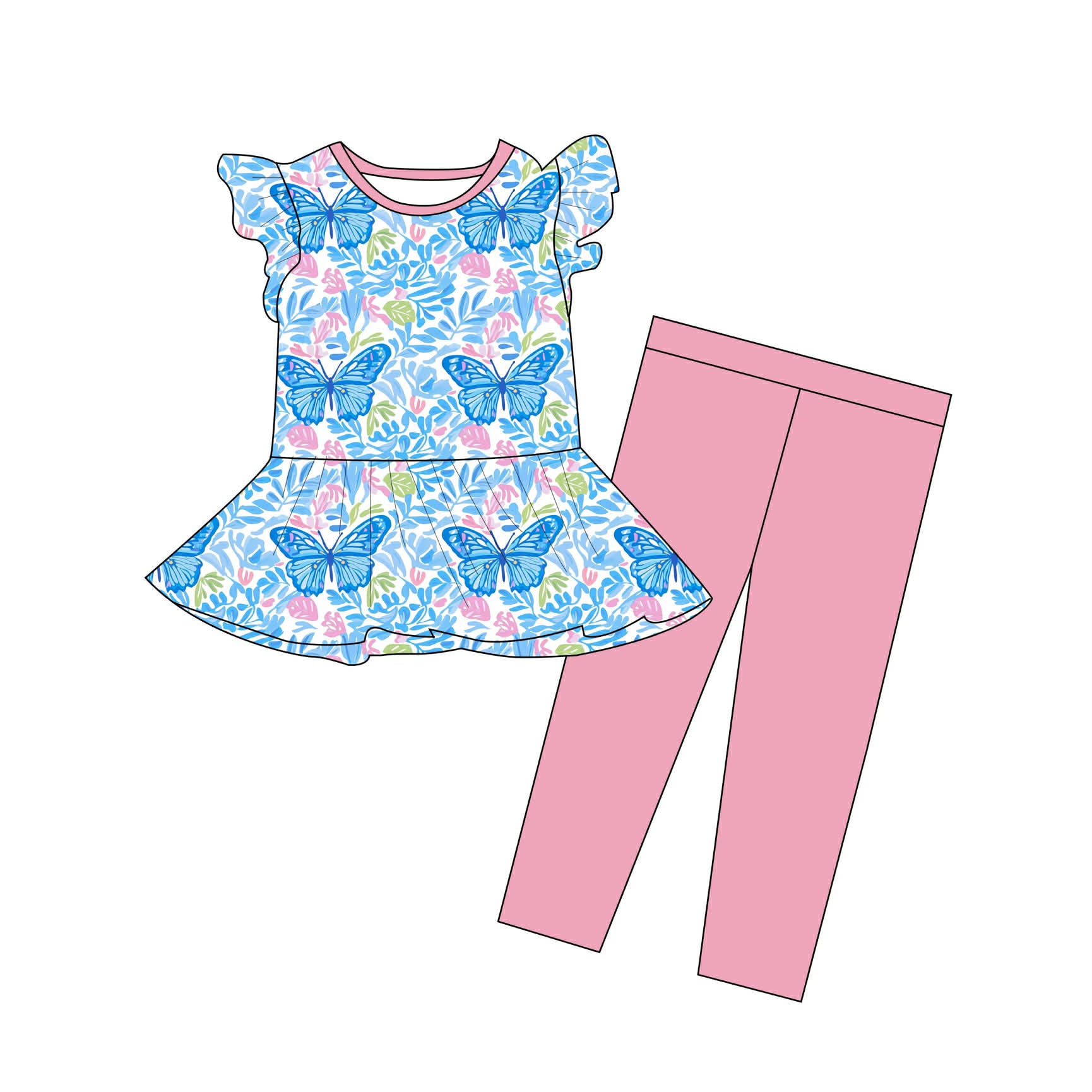 Spring Azure - Short Sleeve Peplum Top with Pants