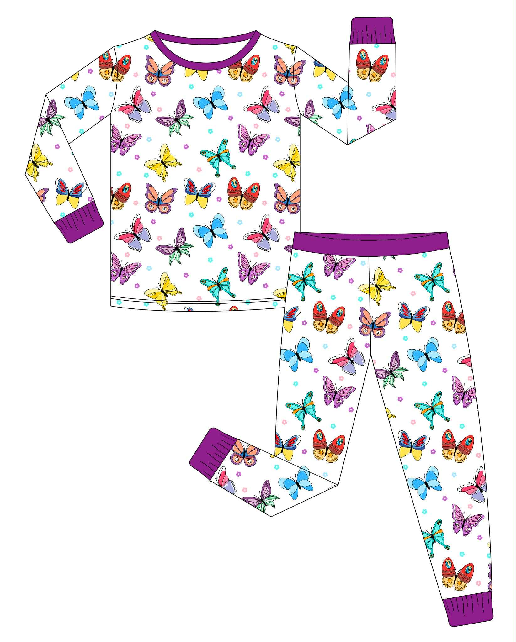 Royal Butterflies - 2 Piece Set Long Sleeve and Pants PJs
