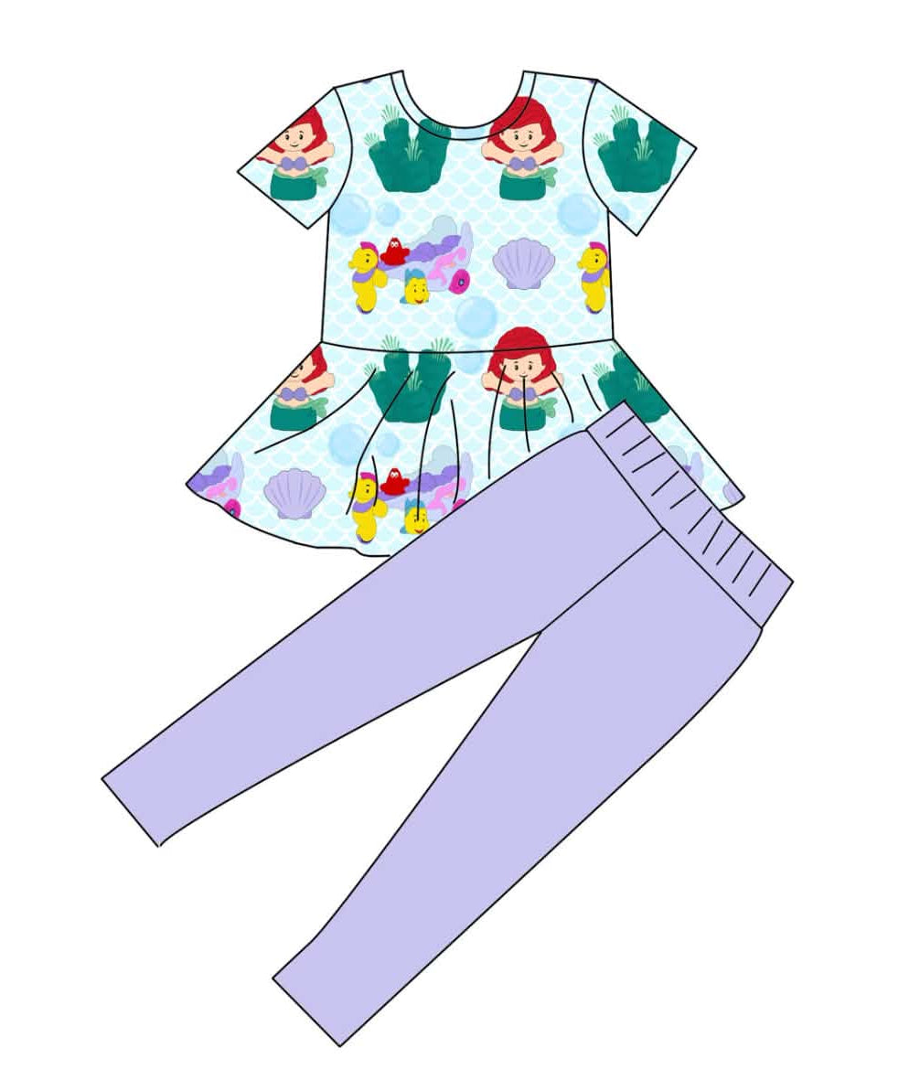 Little Ariel - Short Sleeve Peplum Top and Leggings Daywear Set